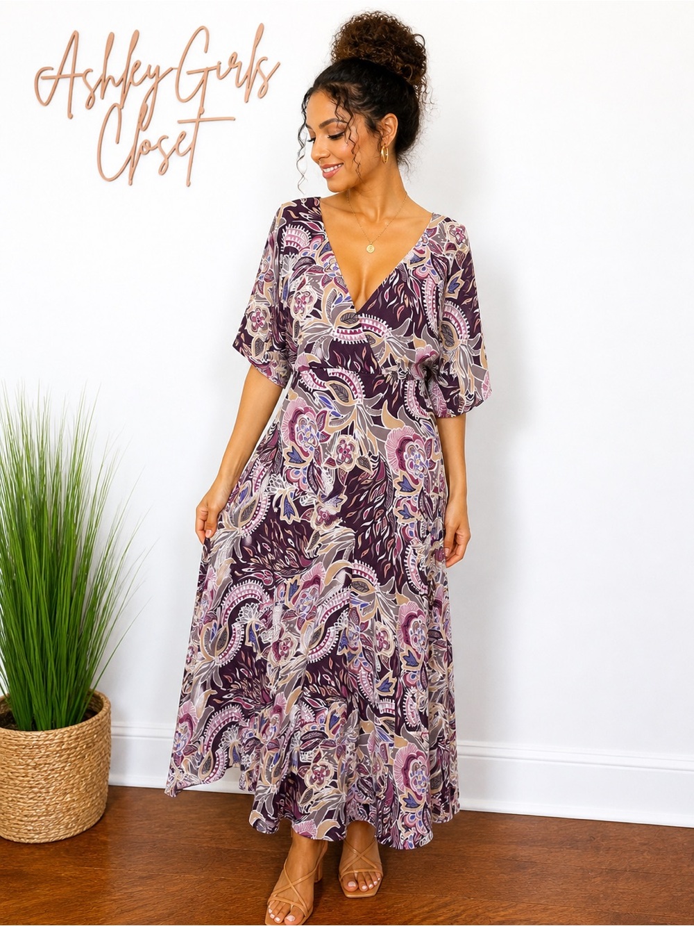 Dressbarn Floral Midi Dress Size 8 | Purple Multi V-Neck Flowy